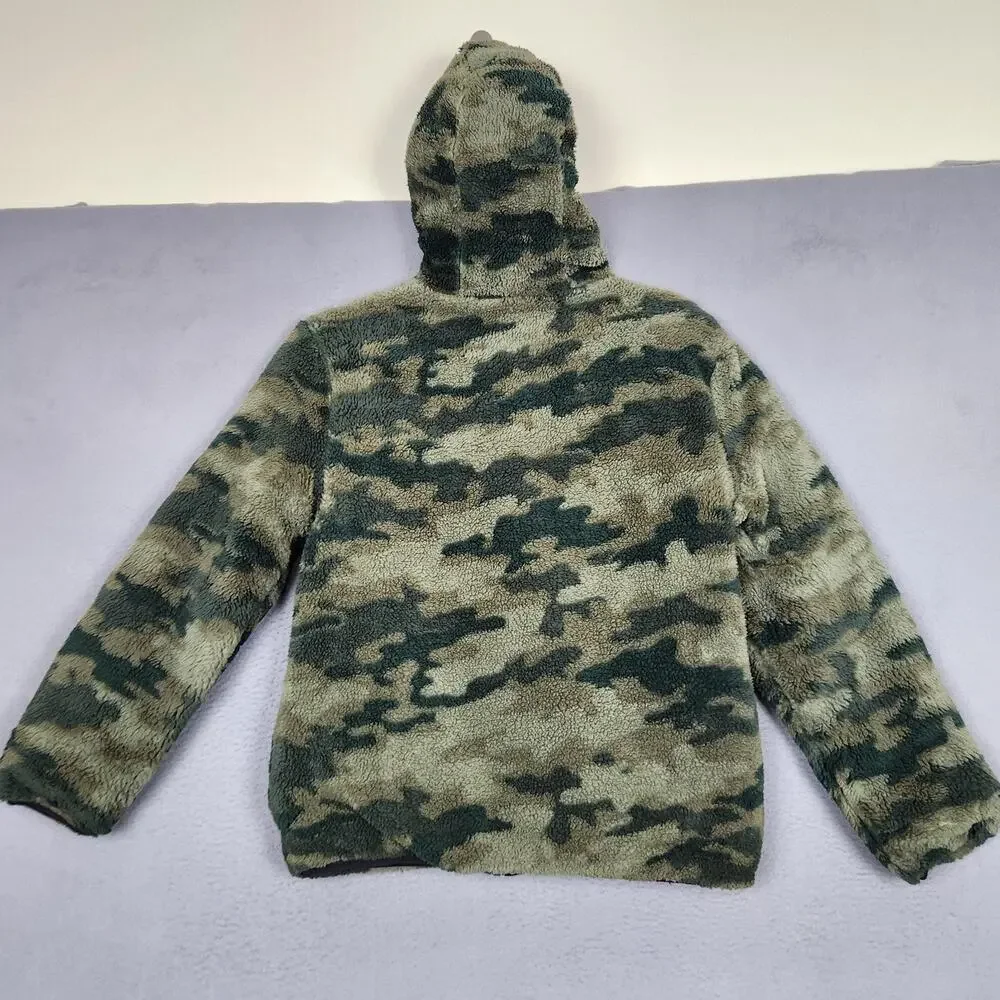 Eddie Bauer Jacket Boys Large Green Black Reversible Camo Hooded Puffer Coat